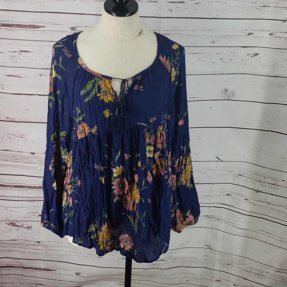 Old Navy Navy Blue Floral Peasant Blouse